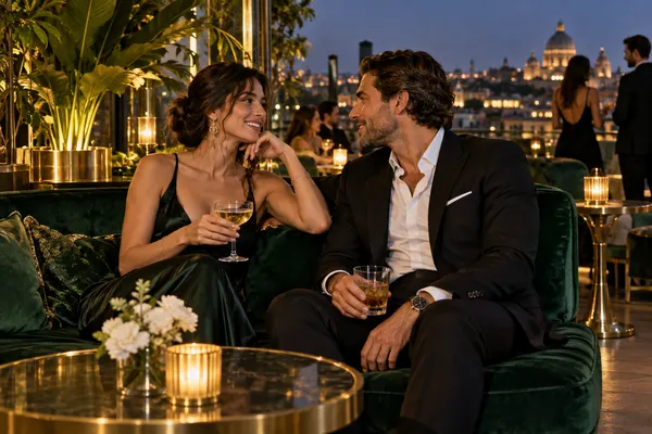 Editorial illustration of an adult couple talking in an emerald-and-gold rooftop lounge