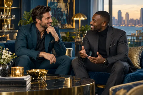 Editorial illustration of two adult men in tailored suits talking in a blue-and-gold lounge