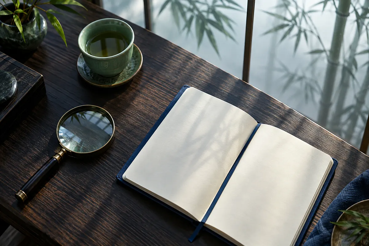 A tea cup, journal and magnifying glass on a wooden desk, illustrating careful review of information.