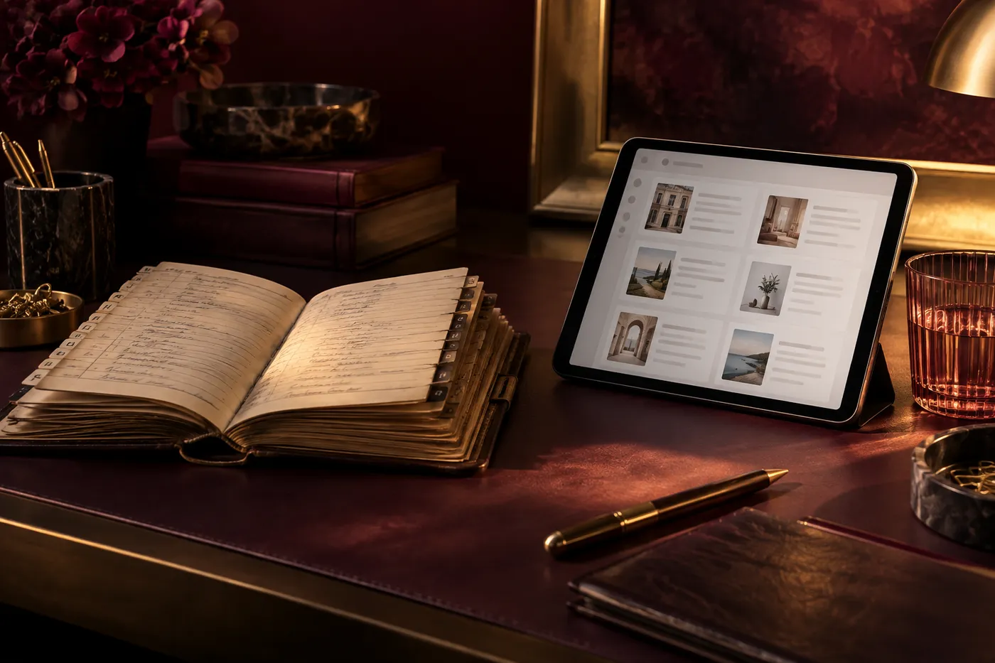 An address book and modern digital directory on a warm plum desk