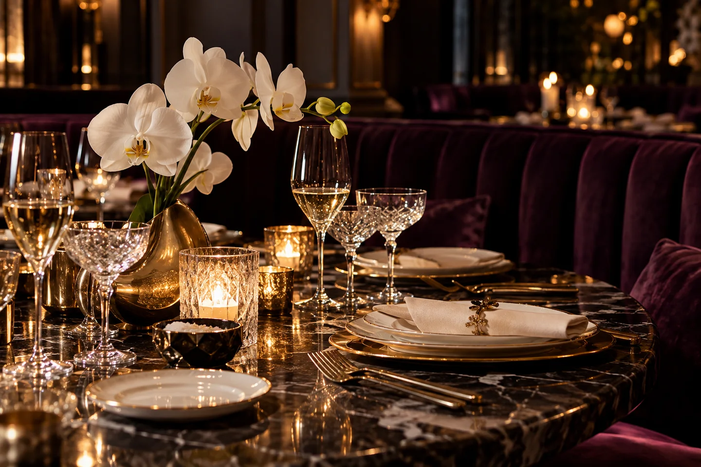 AI-generated editorial image: Candlelit dining table with crystal glasses, white orchids and plum velvet seating