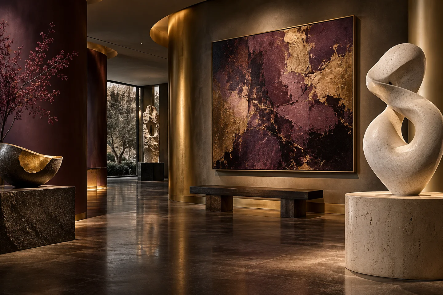 AI-generated editorial image: Contemporary gallery with a white stone sculpture and plum-and-gold abstract painting