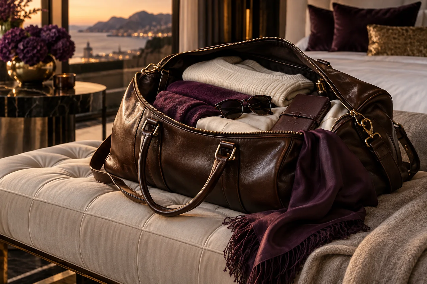 AI-generated editorial image: Leather weekend bag with folded ivory and plum clothing in a sunset-lit suite