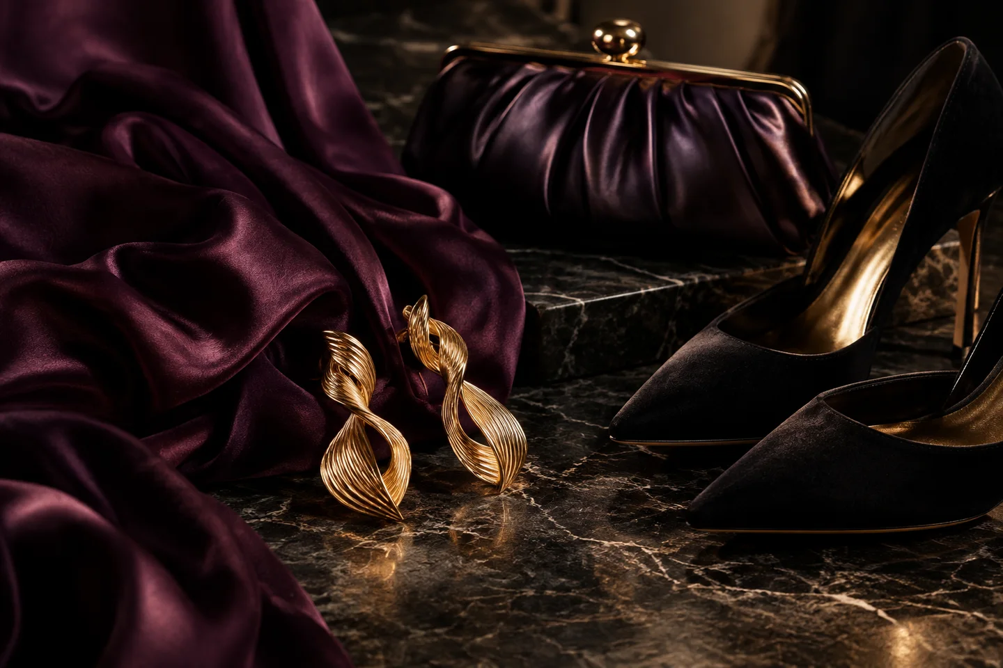 AI-generated editorial image: Gold earrings, plum satin clutch and black evening shoes on dark marble