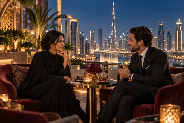 Two elegantly dressed adults sharing tea in a Dubai-inspired rooftop lounge at night