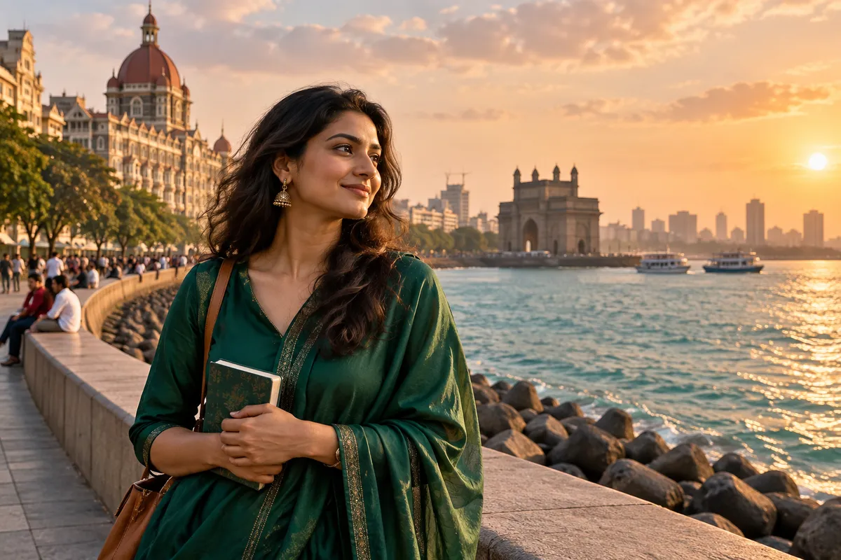 An adult woman in emerald clothing holding a notebook beside a Mumbai-inspired waterfront at sunset