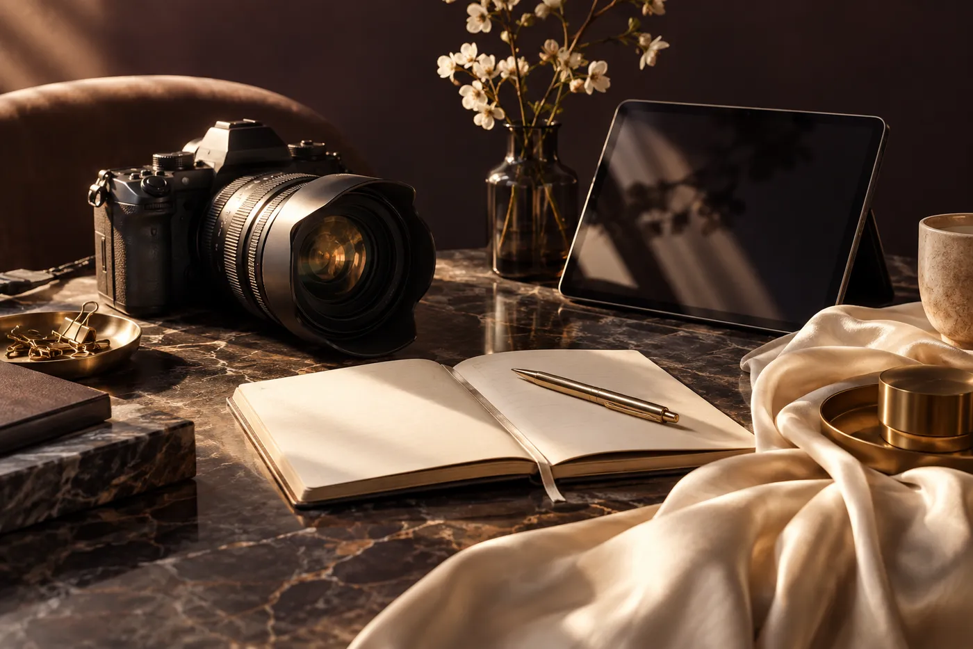 A camera, notebook and tablet in a professional creative studio